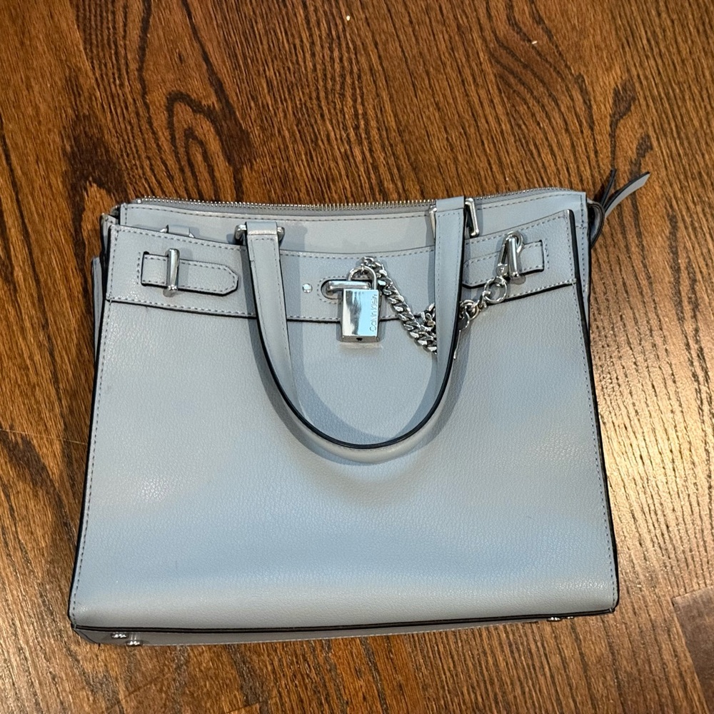 Elegant Gray Leather Satchel with Lock Accent